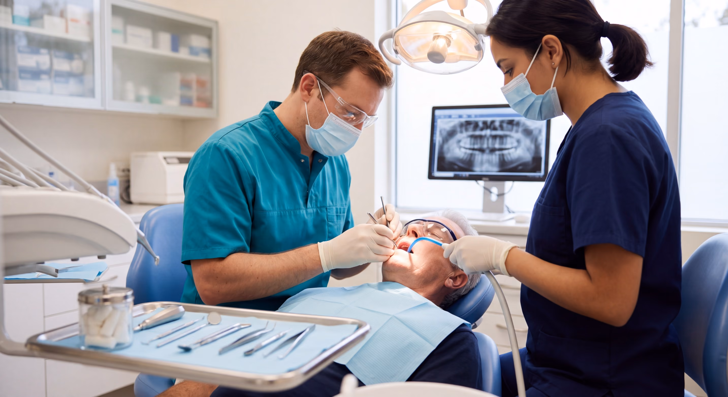Two dental professionals wearing protective masks and gloves treating a patient in a modern dental clinic.