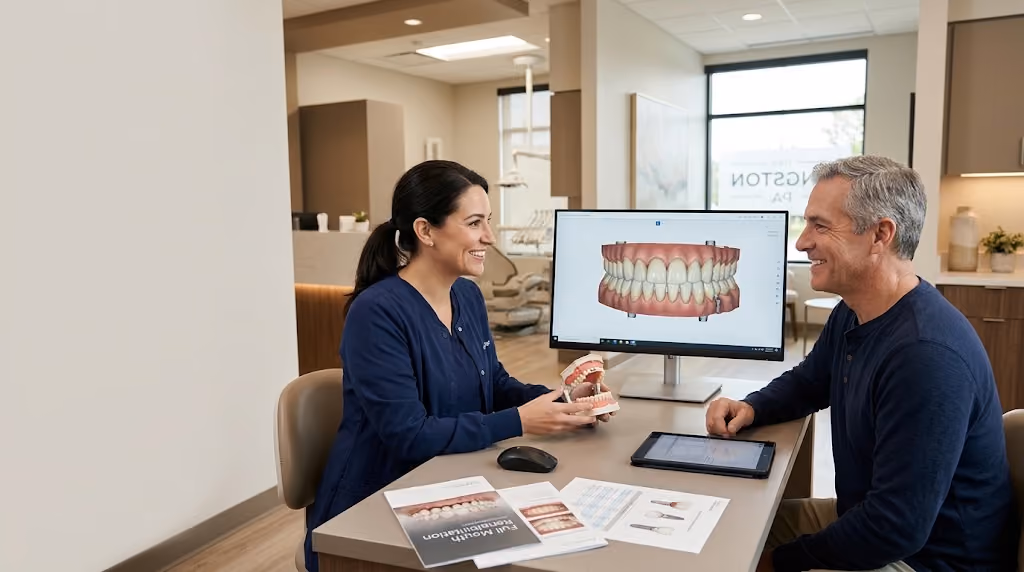 Female dental professional explaining a digital teeth model to a smiling male patient during a consultation in a modern dental clinic.