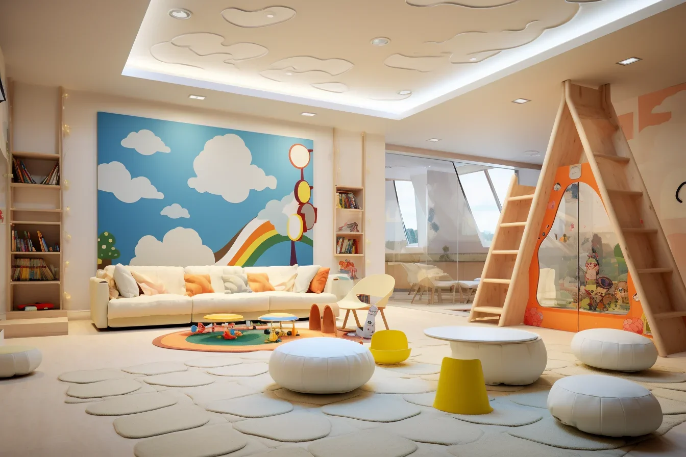 A bright playroom with a cloud mural, a play tent and floor cushions