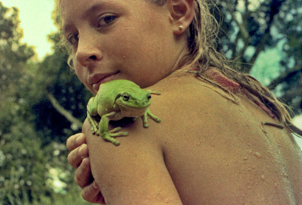 A child outdoors holding a small green frog on their shoulder