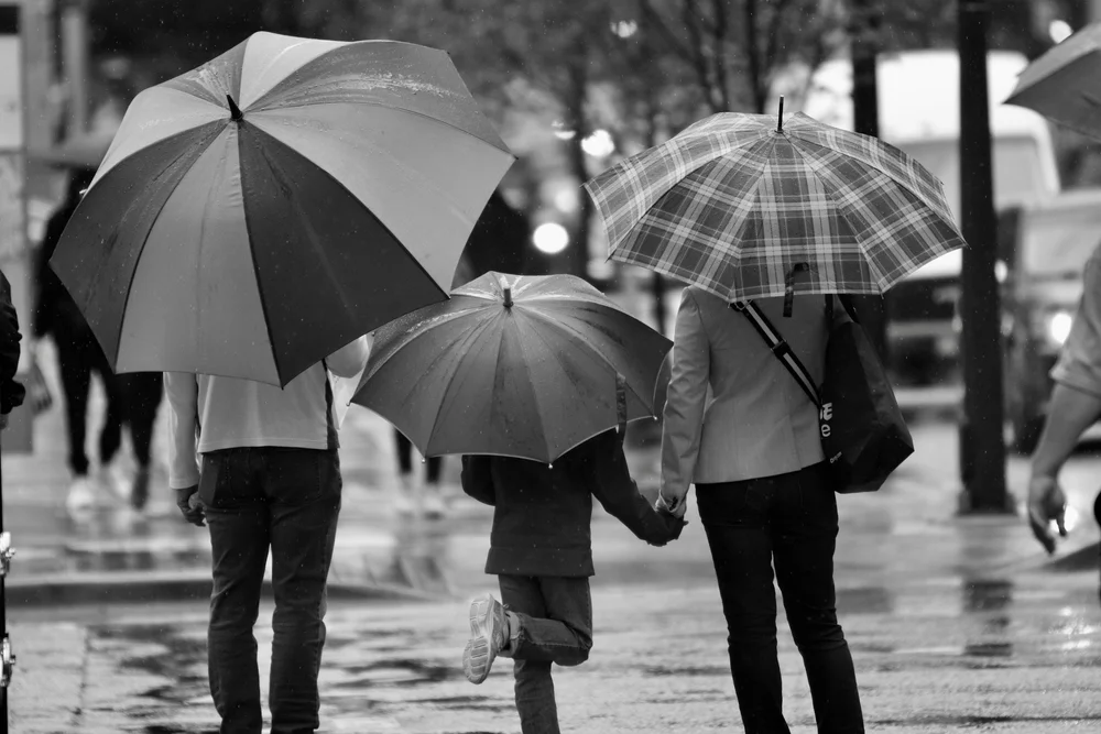 Three people walking in the rain under umbrellas, in black and white