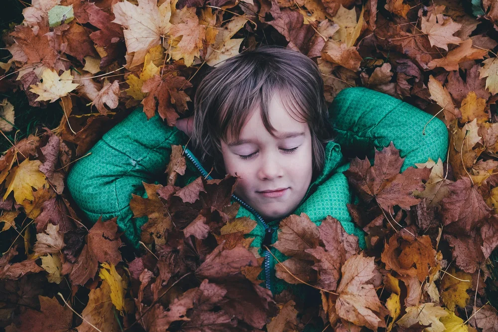 A child lying in a pile of autumn leaves with their eyes closed