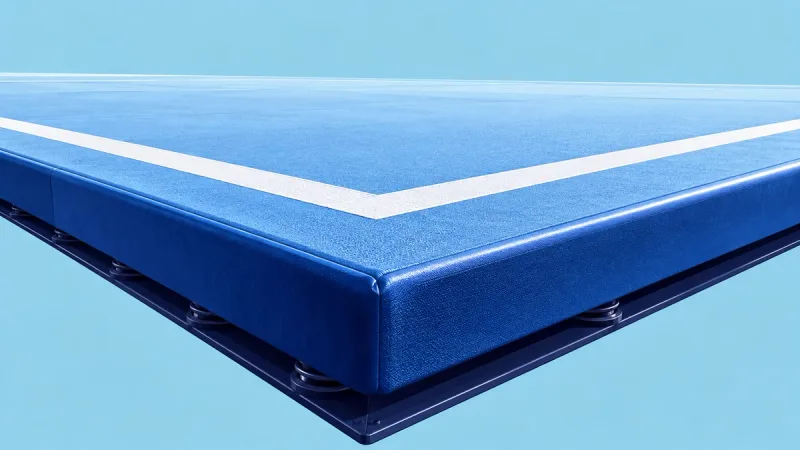 Ecke einer Bodenfläche mit weißer Begrenzungslinie vor hellblauem Grund