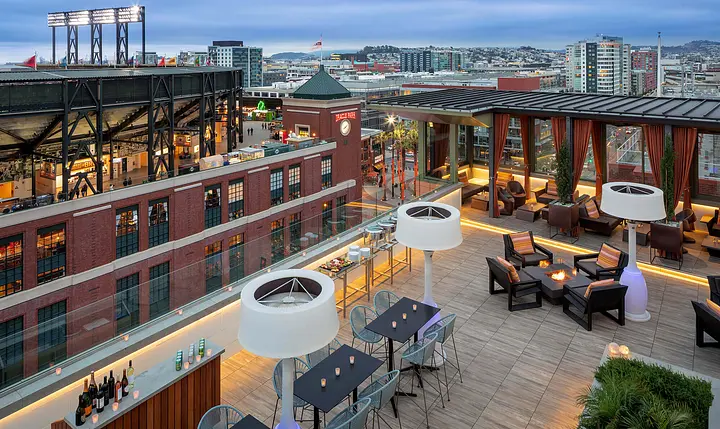 Rooftop terrace and exterior of Hotel VIA in San Francisco.