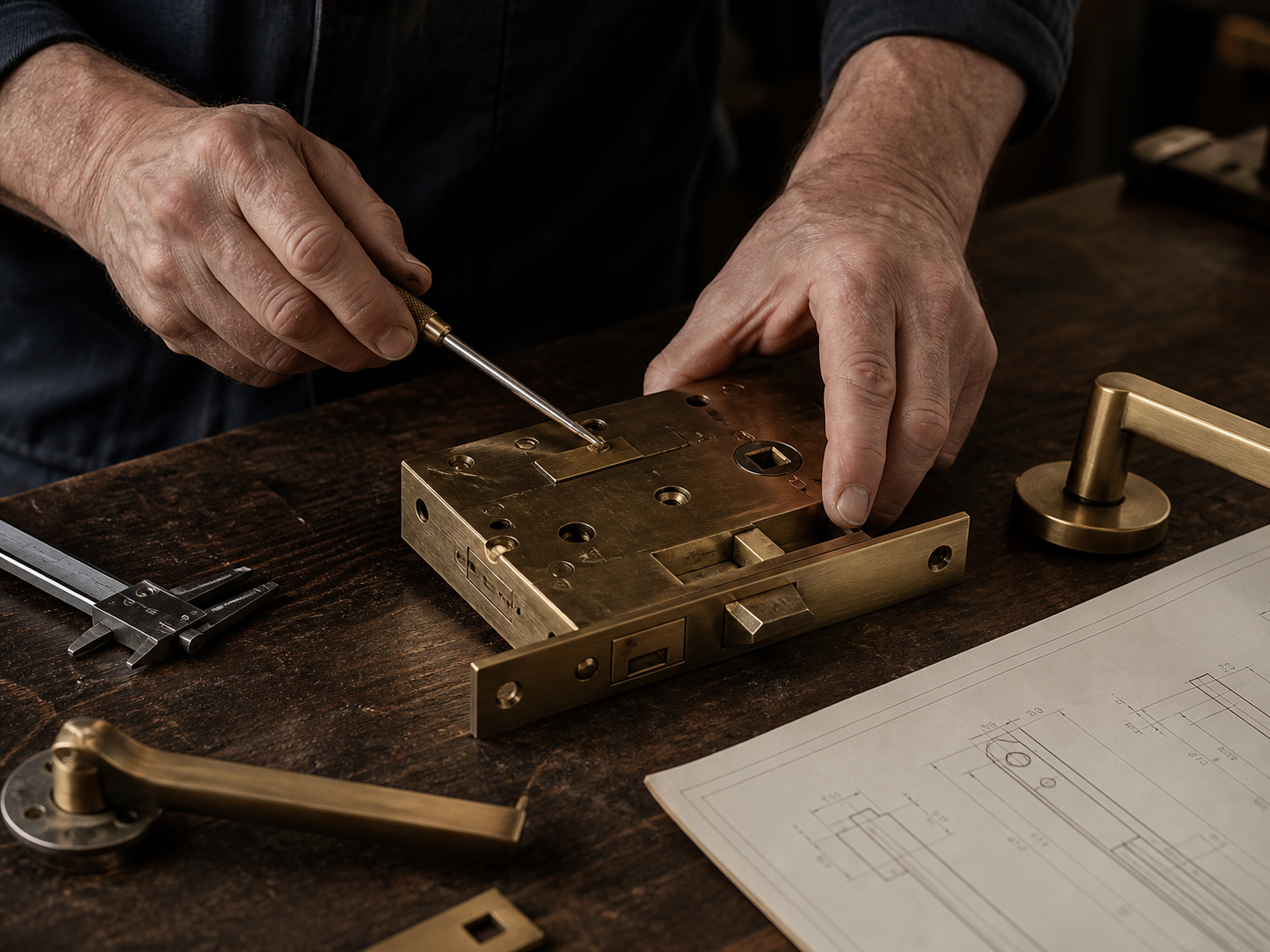 Experienced hands servicing solid-brass architectural mortise hardware on a workbench