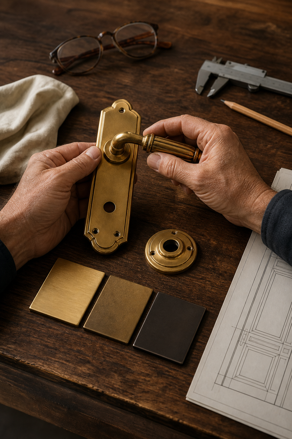 Experienced hands comparing solid-brass architectural door hardware, finish samples, and drawings