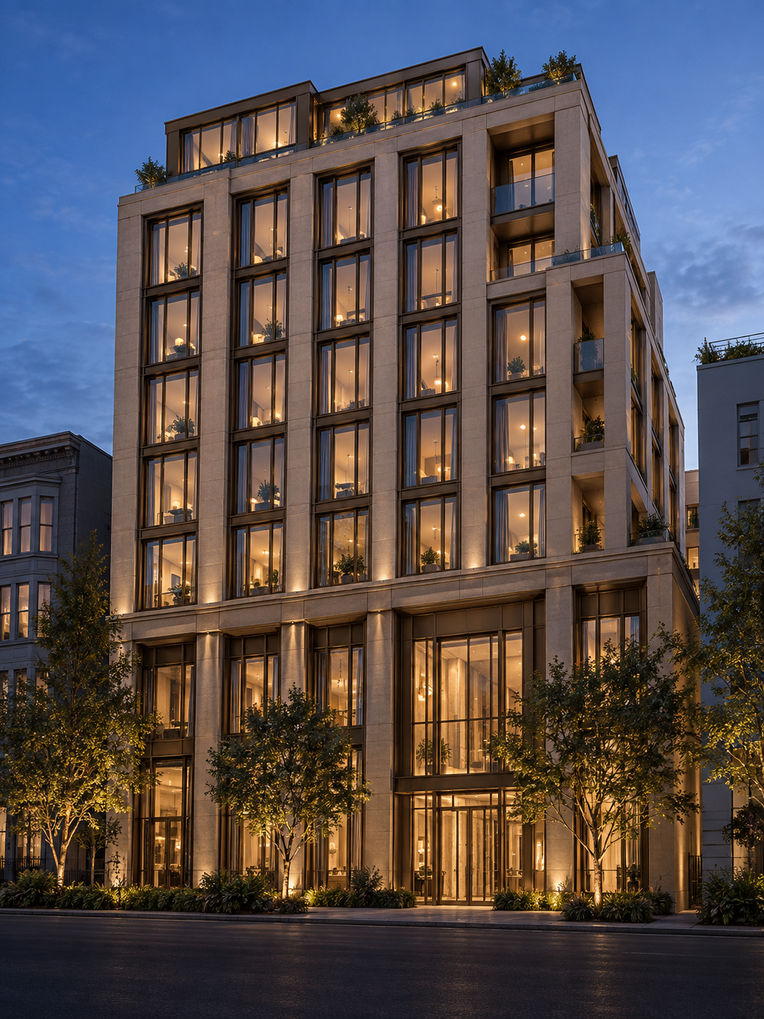 Illustrative architectural rendering of a contemporary building at dusk.