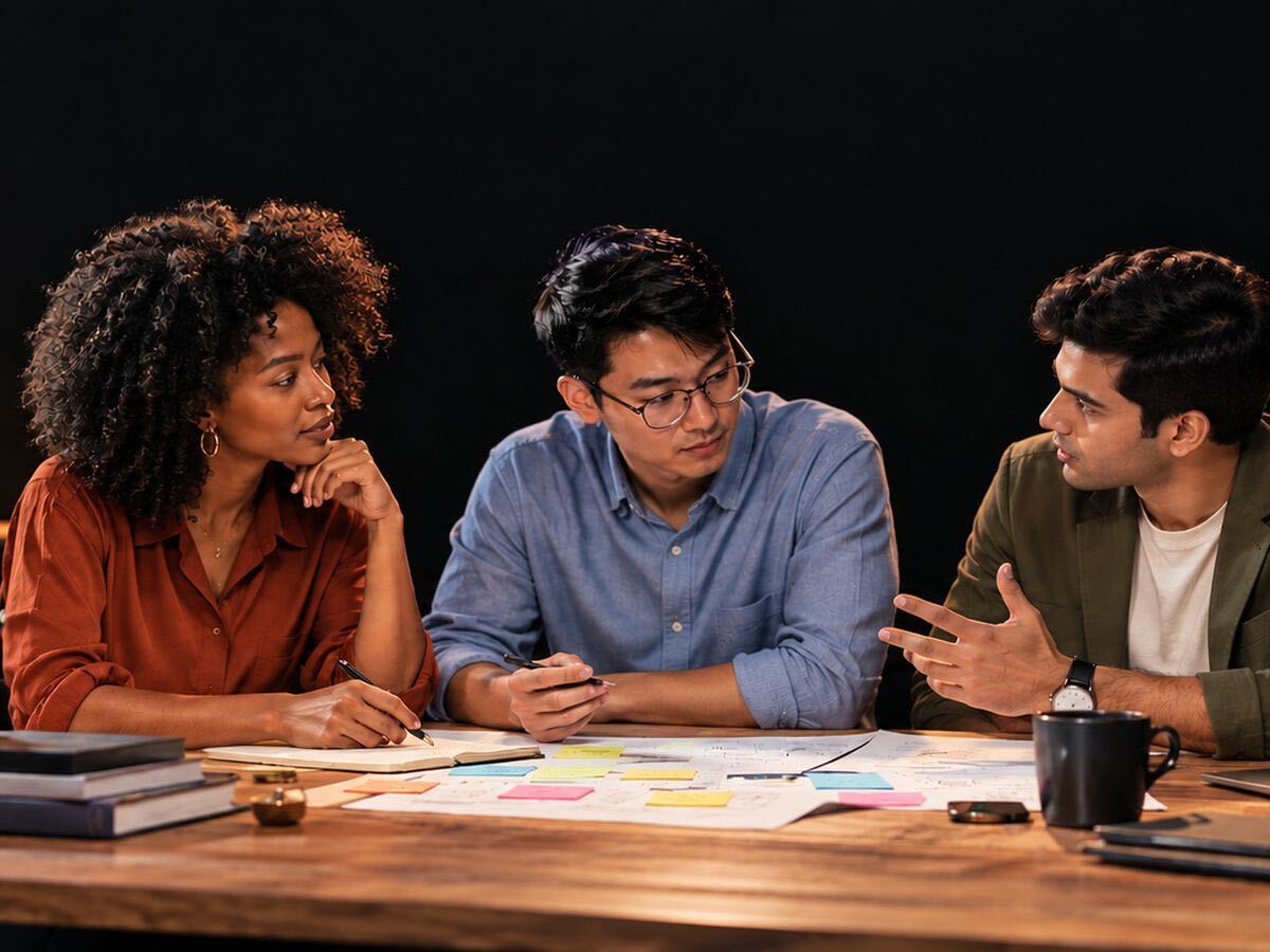 Three Different team members talking over sketches at a desk