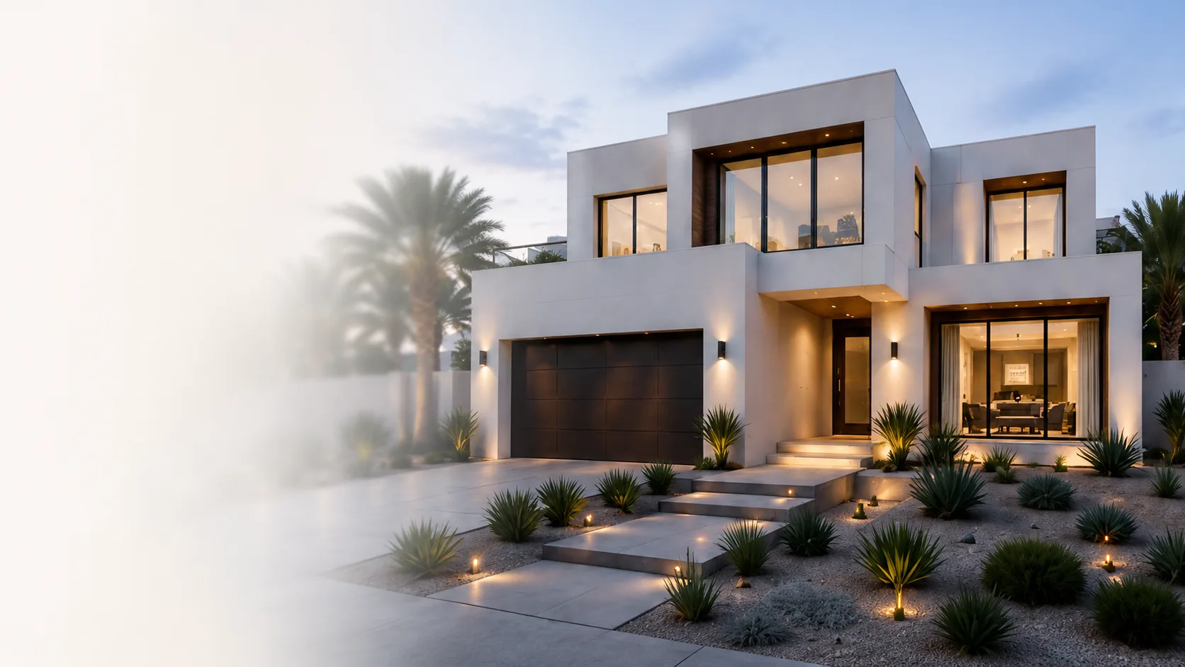 Modern two-story luxury villa at dusk with warm interior lighting