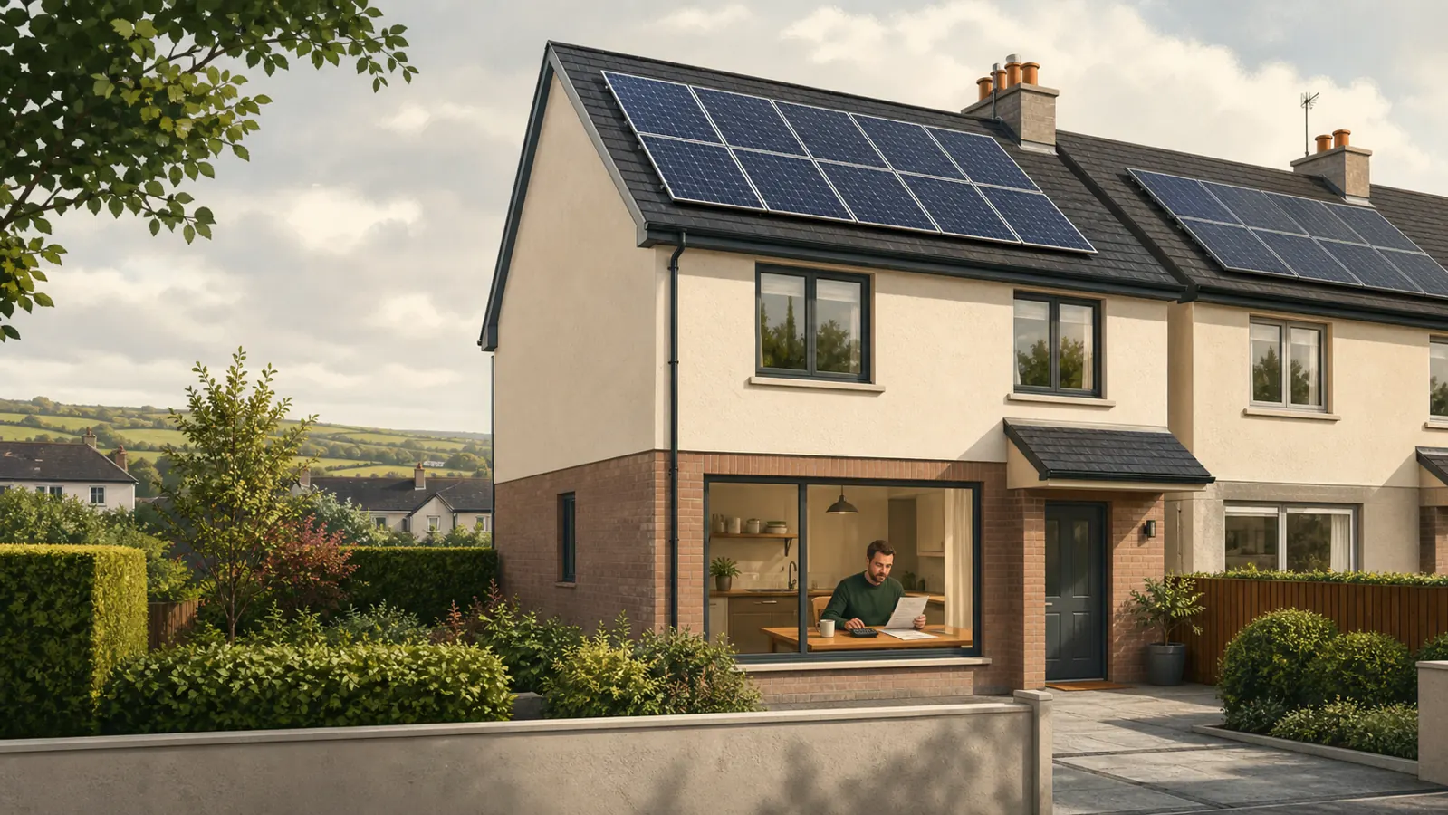 Irish semi-detached home with rooftop solar panels while a homeowner reviews a quotation