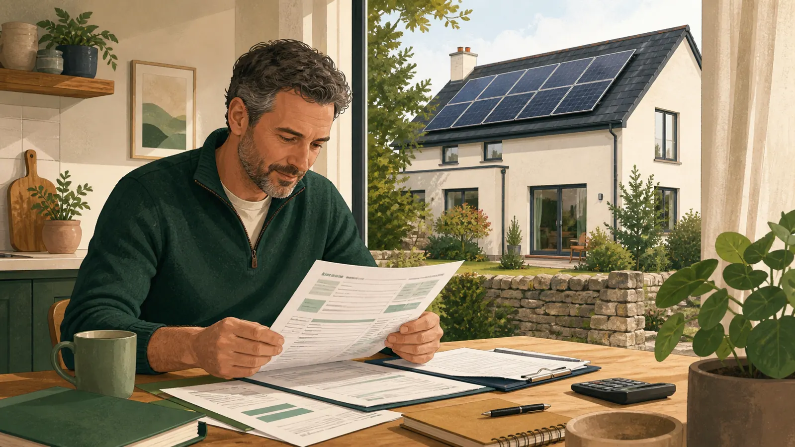 Homeowner reviewing grant paperwork with a solar-panelled Irish home outside
