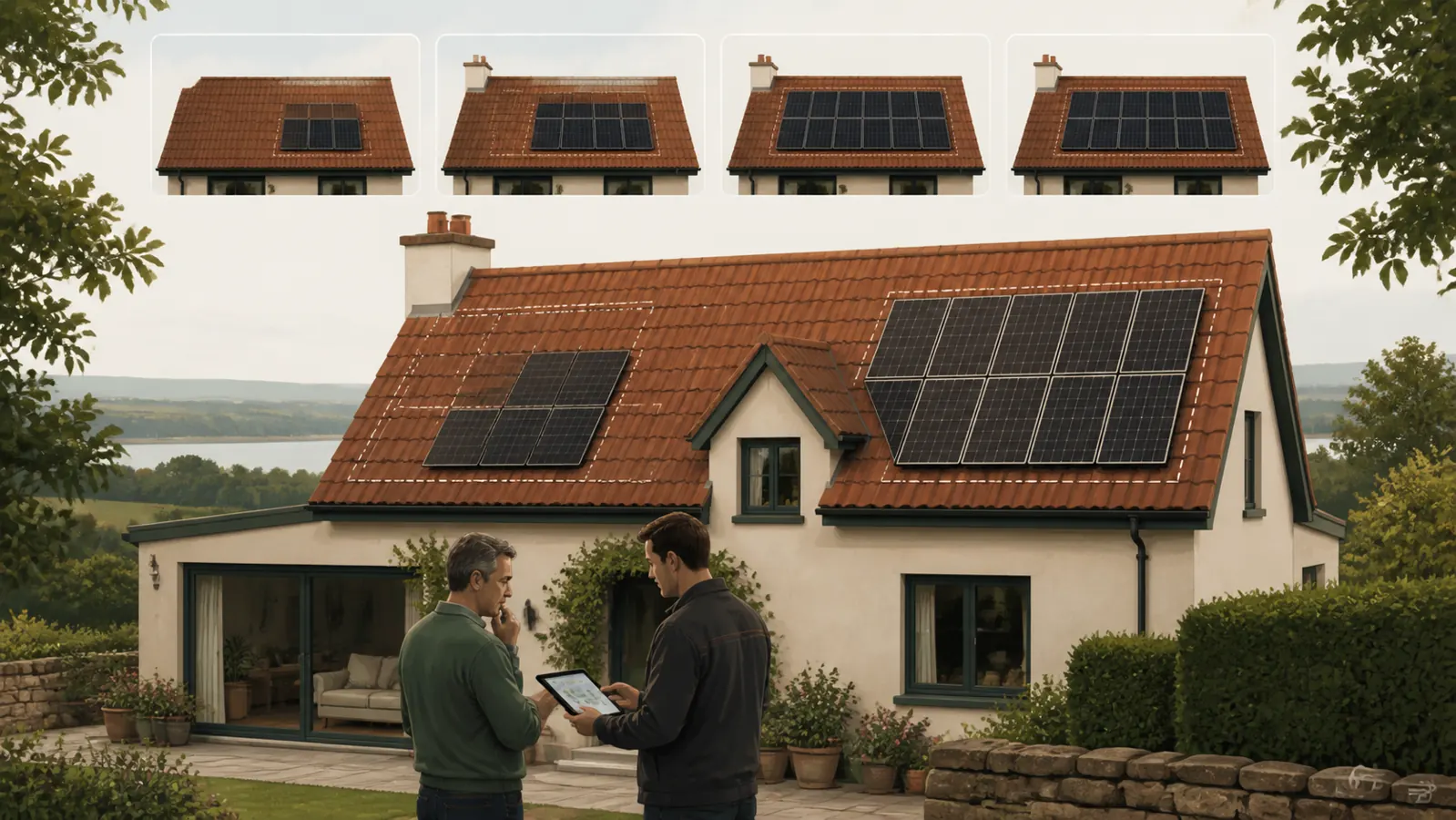Homeowner and installer considering different solar panel layouts for an Irish roof