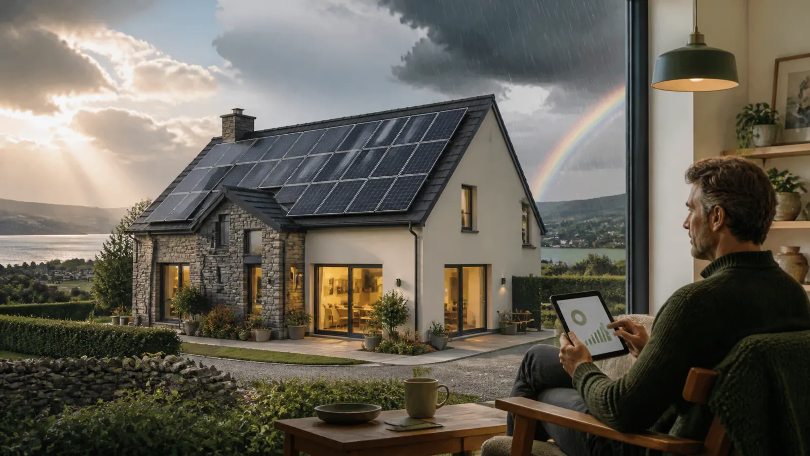 Irish home with rooftop solar panels in mixed weather as a homeowner reviews energy use