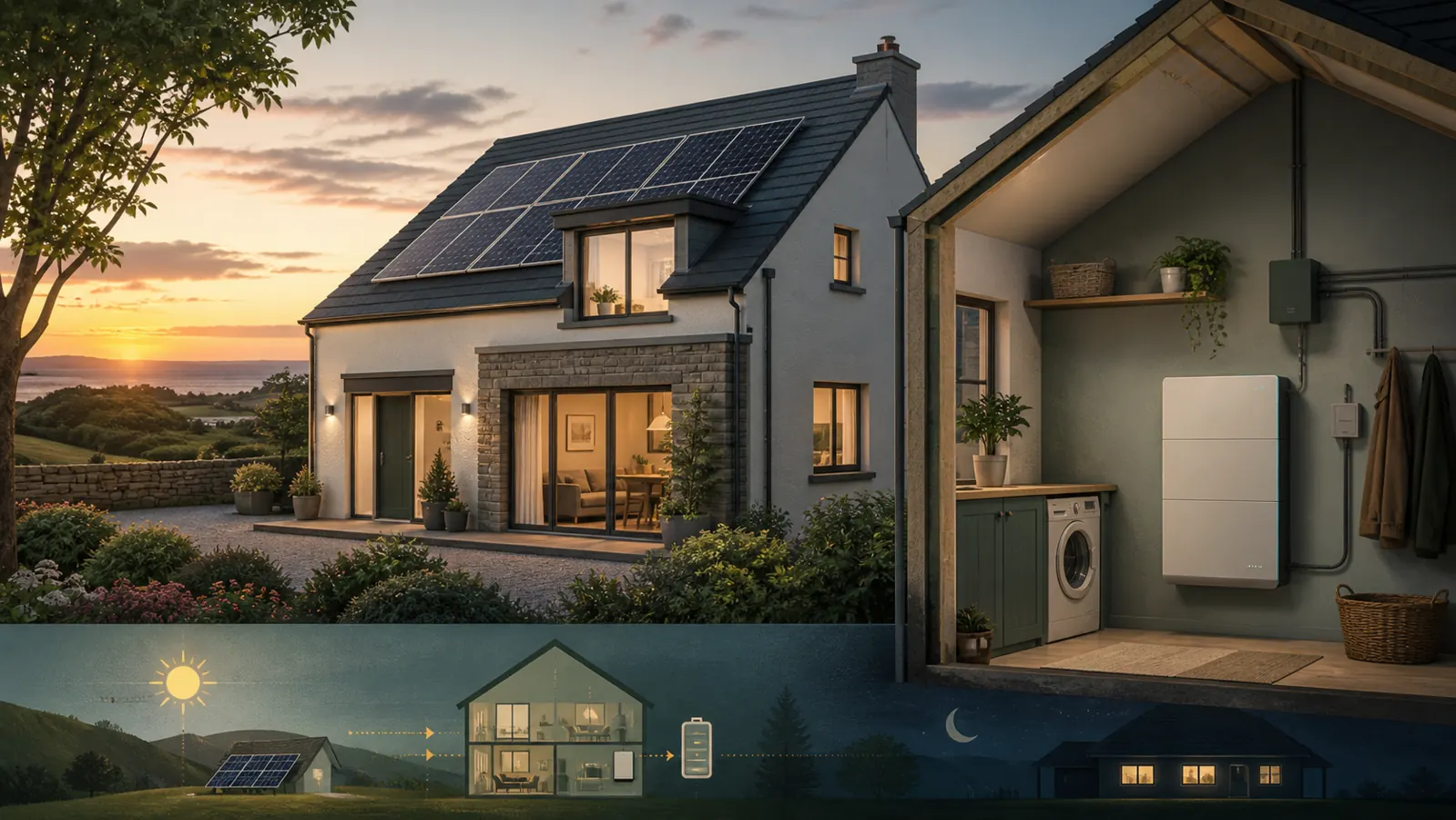 Irish solar home at sunset with a wall-mounted battery in the utility room