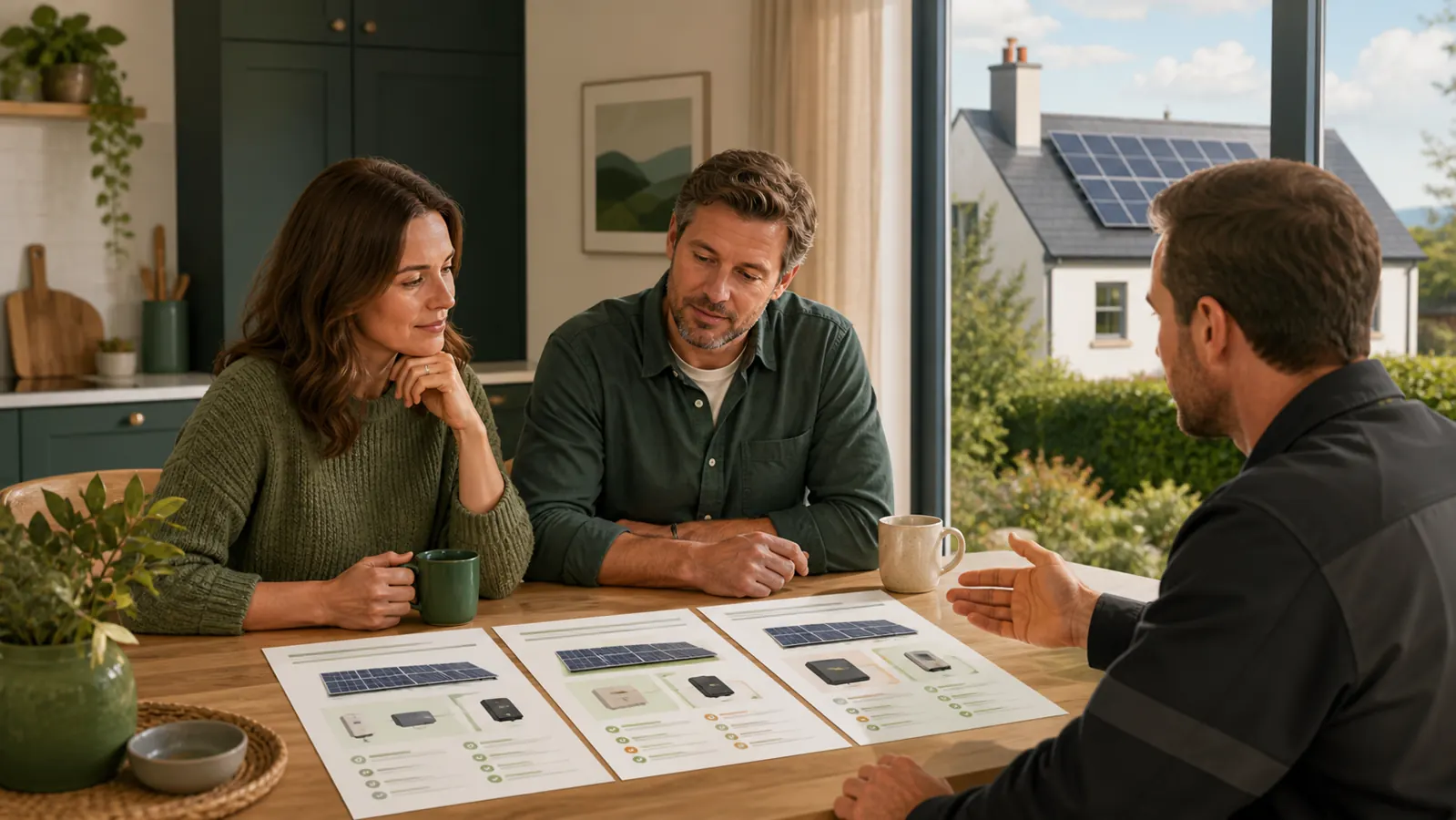 Homeowners comparing solar installation quotations with an installer at their kitchen table