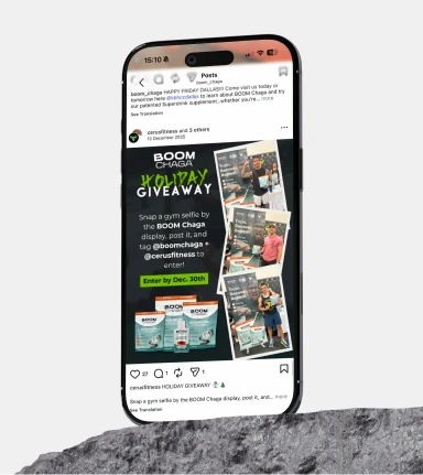 Social media post mockup for BOOM Chaga