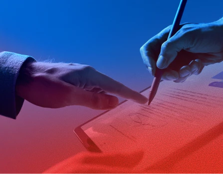 Two hands interacting with a tablet screen, one using a stylus to write or draw and the other pointing at the screen.