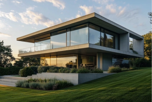 Modern two-story house with floor-to-ceiling windows, surrounded by landscaped gardens and a manicured lawn.