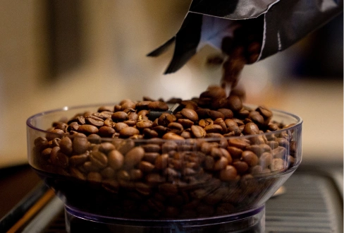 Roasted coffee beans being poured into the hopper of a coffee machine.