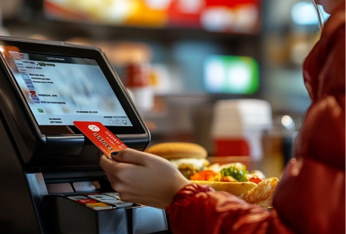 Customer using a red payment card at a self-service checkout kiosk with food on the counter.