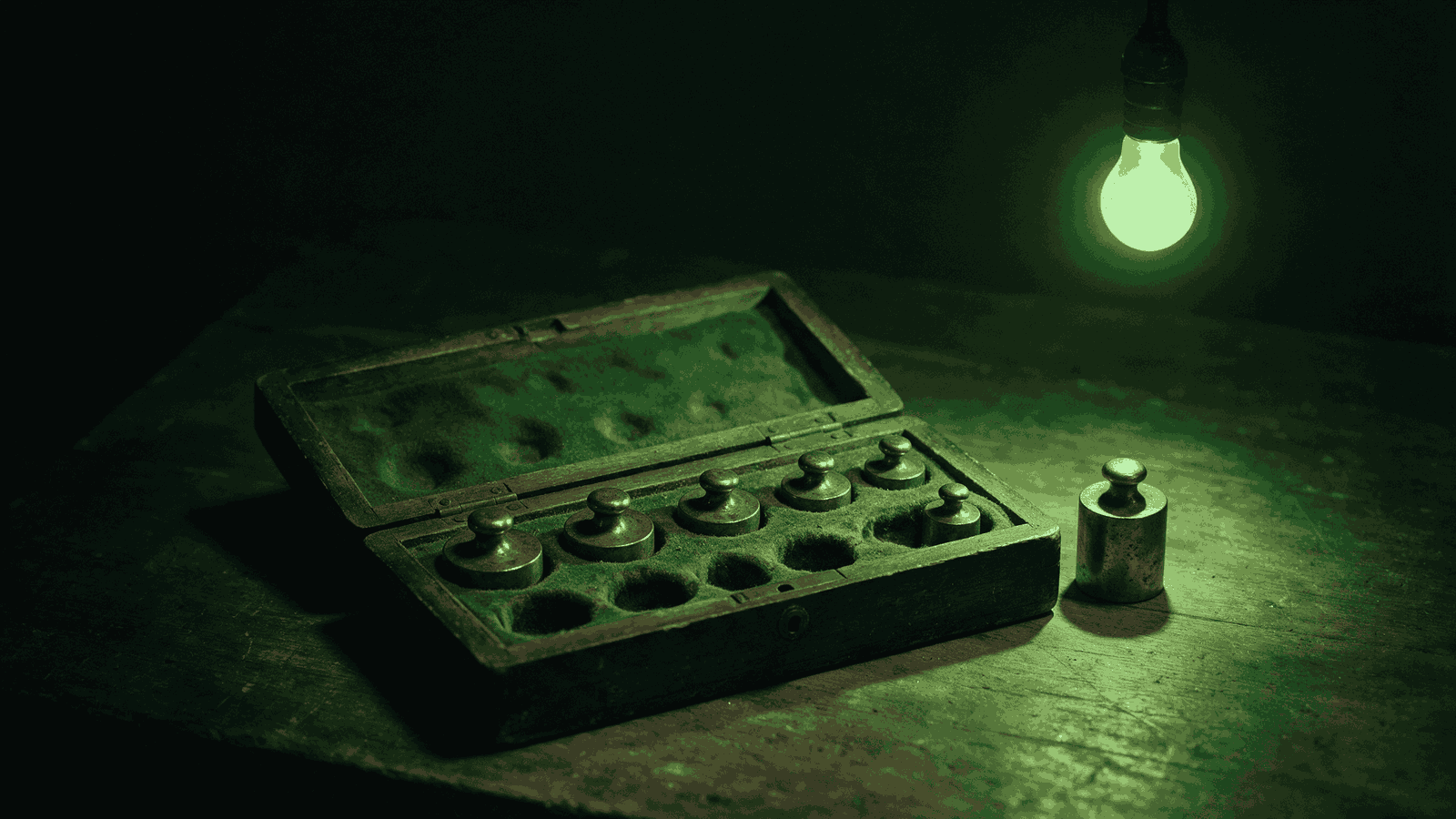 An open case of brass calibration weights on a workbench, one weight lifted out and standing apart under a green bulb.