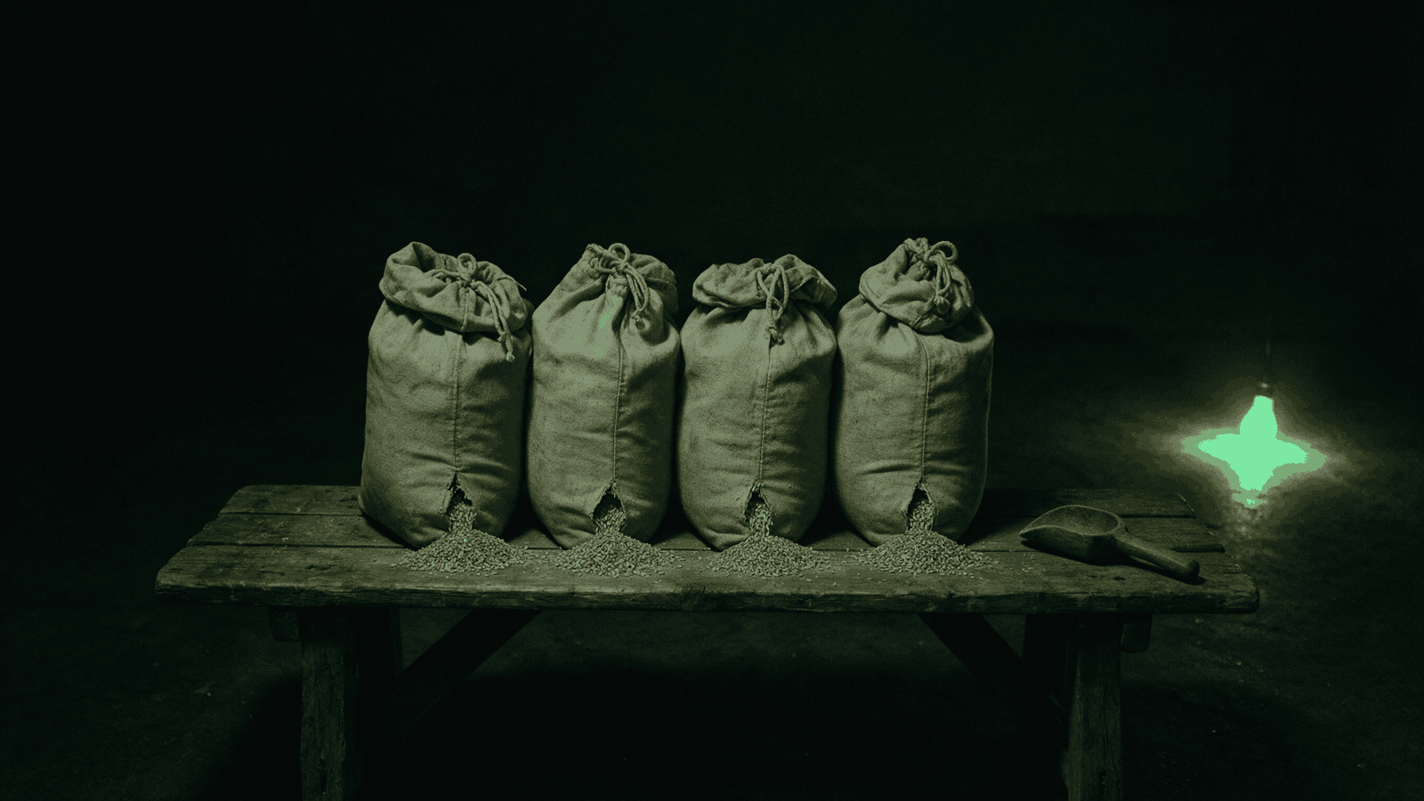 Four canvas sacks on a market bench, each with a thin trickle of grain running from a seam near its base.