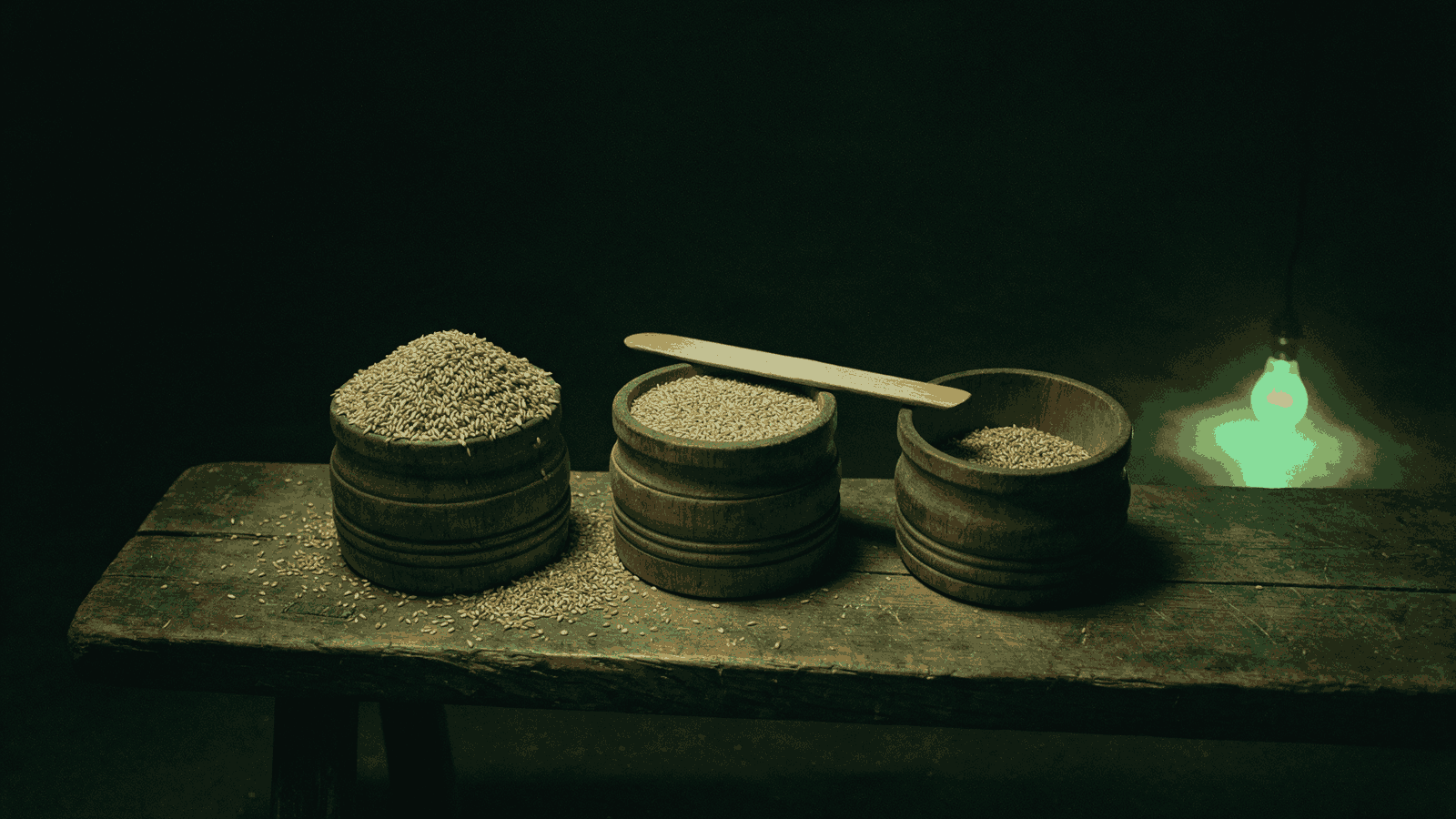 Three wooden grain measures on a bench: one heaped over the rim, one struck level, one half full.