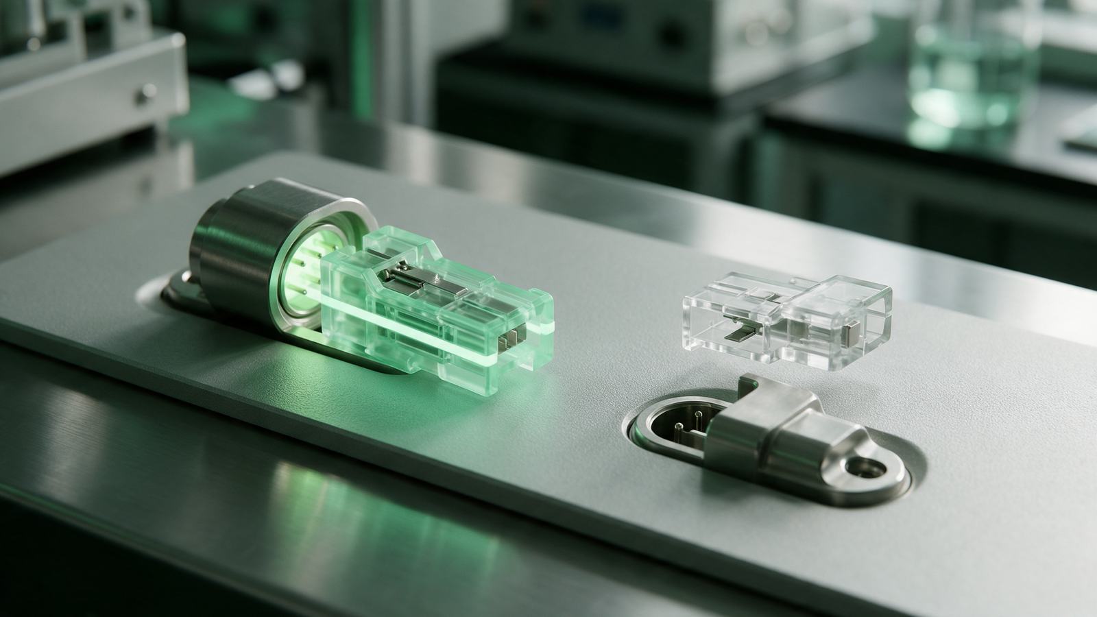Two connections on a steel plate: one glowing green and connected, the other clear and disconnected