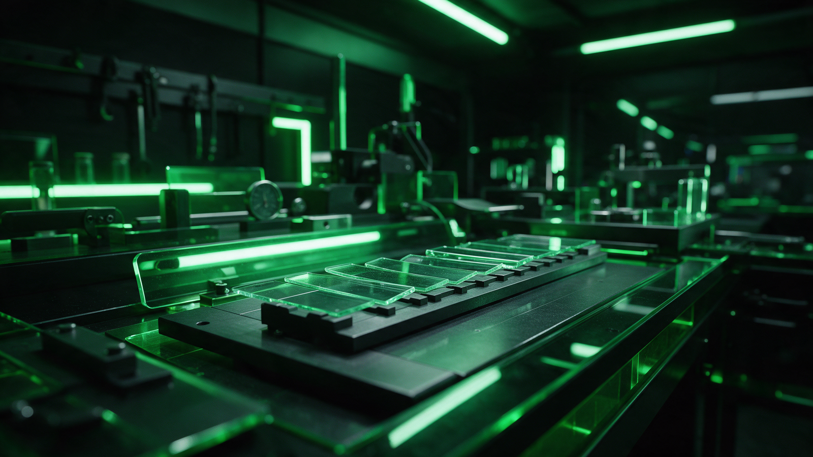 A row of green glass pieces that already passed the filter, laid on a black inspection rail under neon green light
