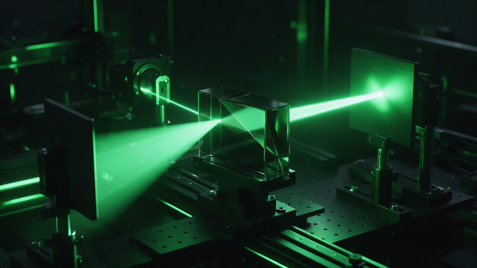 Closer view of the prism: one beam leaves wide and faint, the other narrow and intense, each landing on its own plate