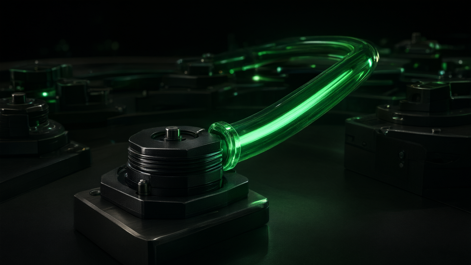 Close-up of the green neon channel flowing back into the first station, where one growth cycle closes and the next begins