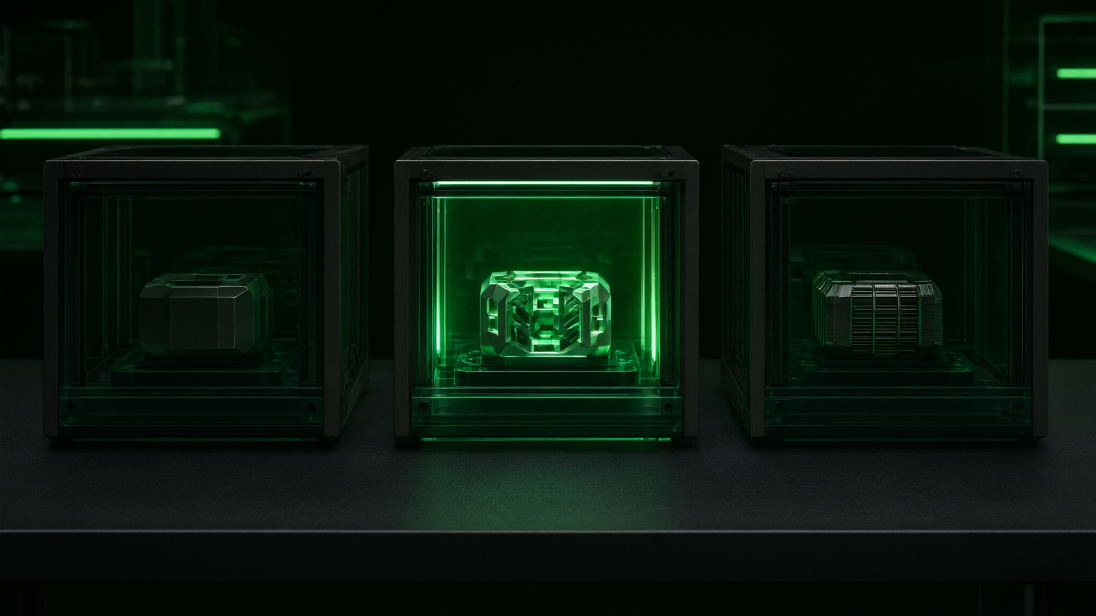 Three test chambers in a row holding three versions of the same object, with only the middle one lit bright green