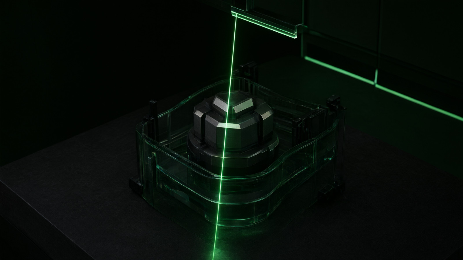 A prototype resting in a glass cradle while a thin green light beam scans across it