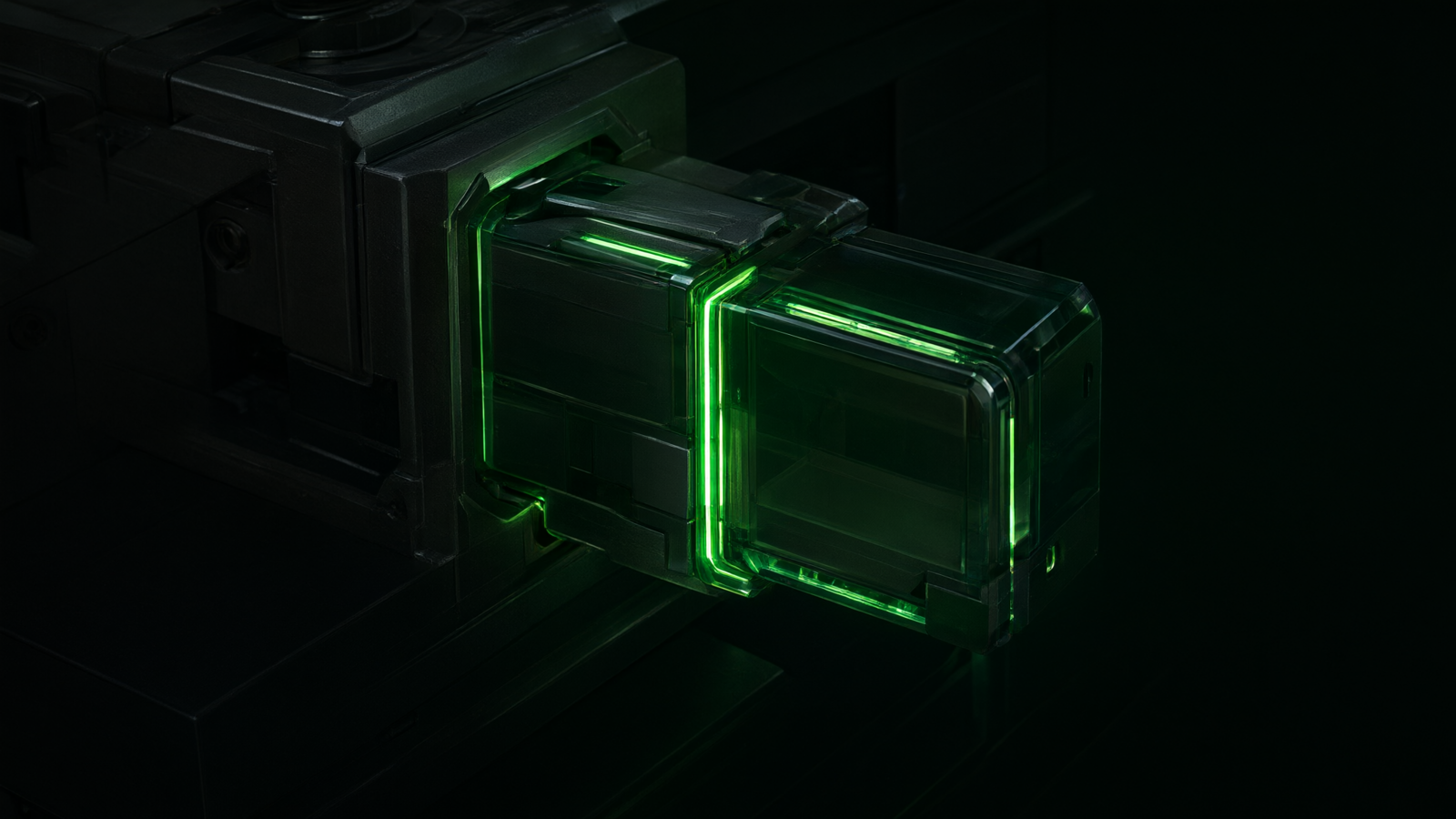 Close-up of a green-lit module locking flush into the socket of an existing black workstation