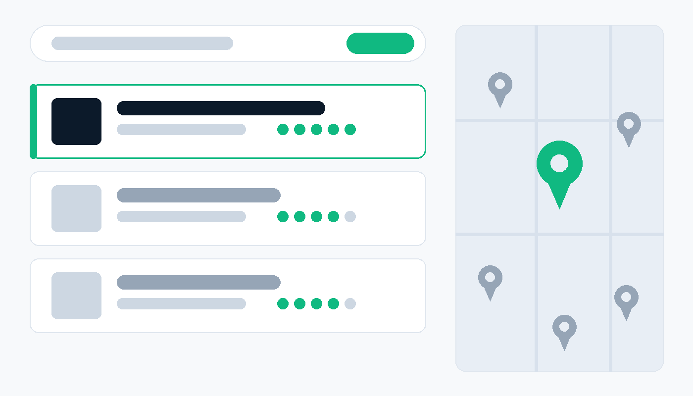 Local search results with a business ranked first and a map of nearby pins