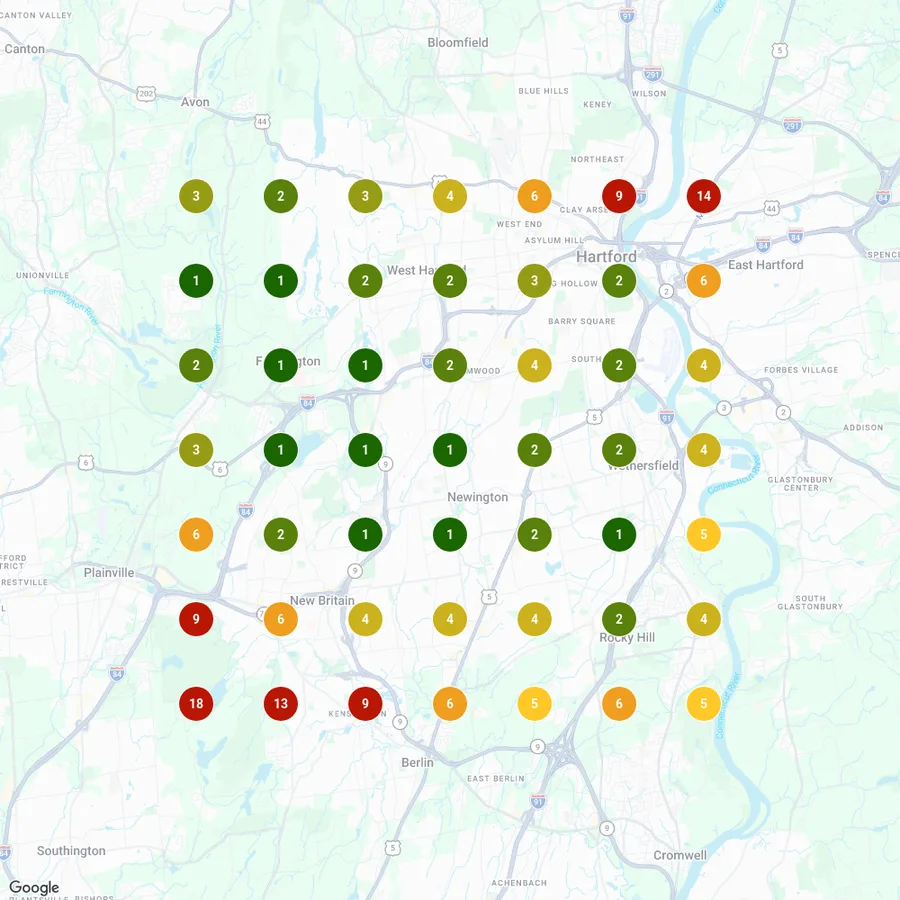 Local Falcon rank grid for Eagle's Power Washing showing top three map rankings across most of the Hartford area for the search power washing