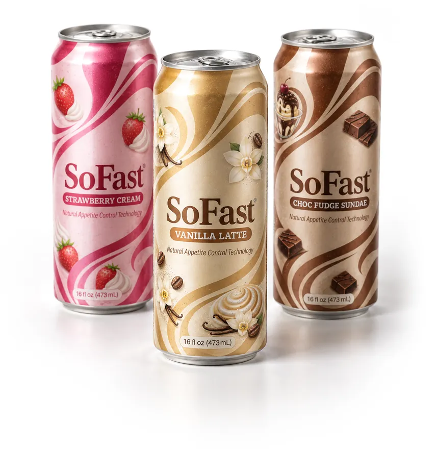SoFast Strawberry Cream, Vanilla Latte and Choc Fudge Sundae cans