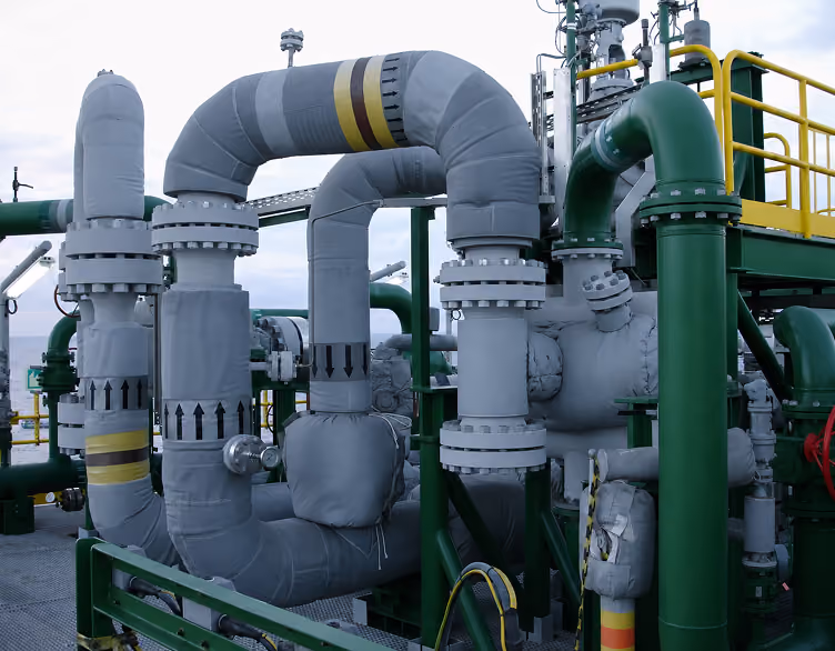 Insulated industrial pipes and valves on the deck of an FPSO oil production platform.