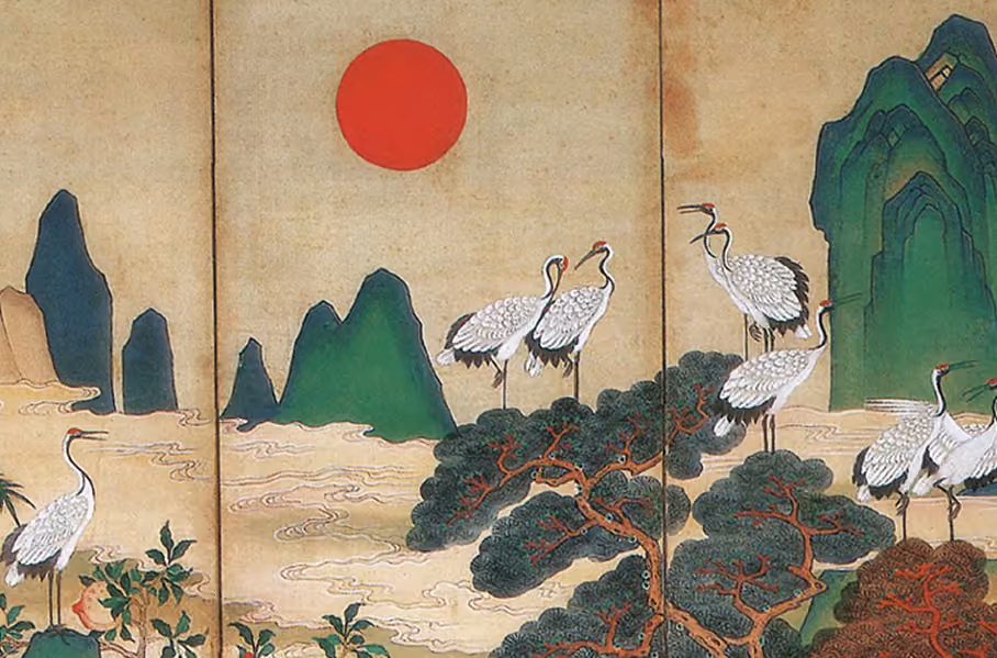 Traditional painting of white cranes near green mountains under a red sun.