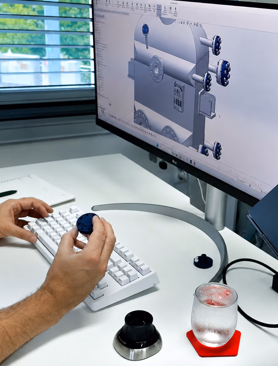 Person working on a 3D mechanical part design on a computer with a physical model in hand.