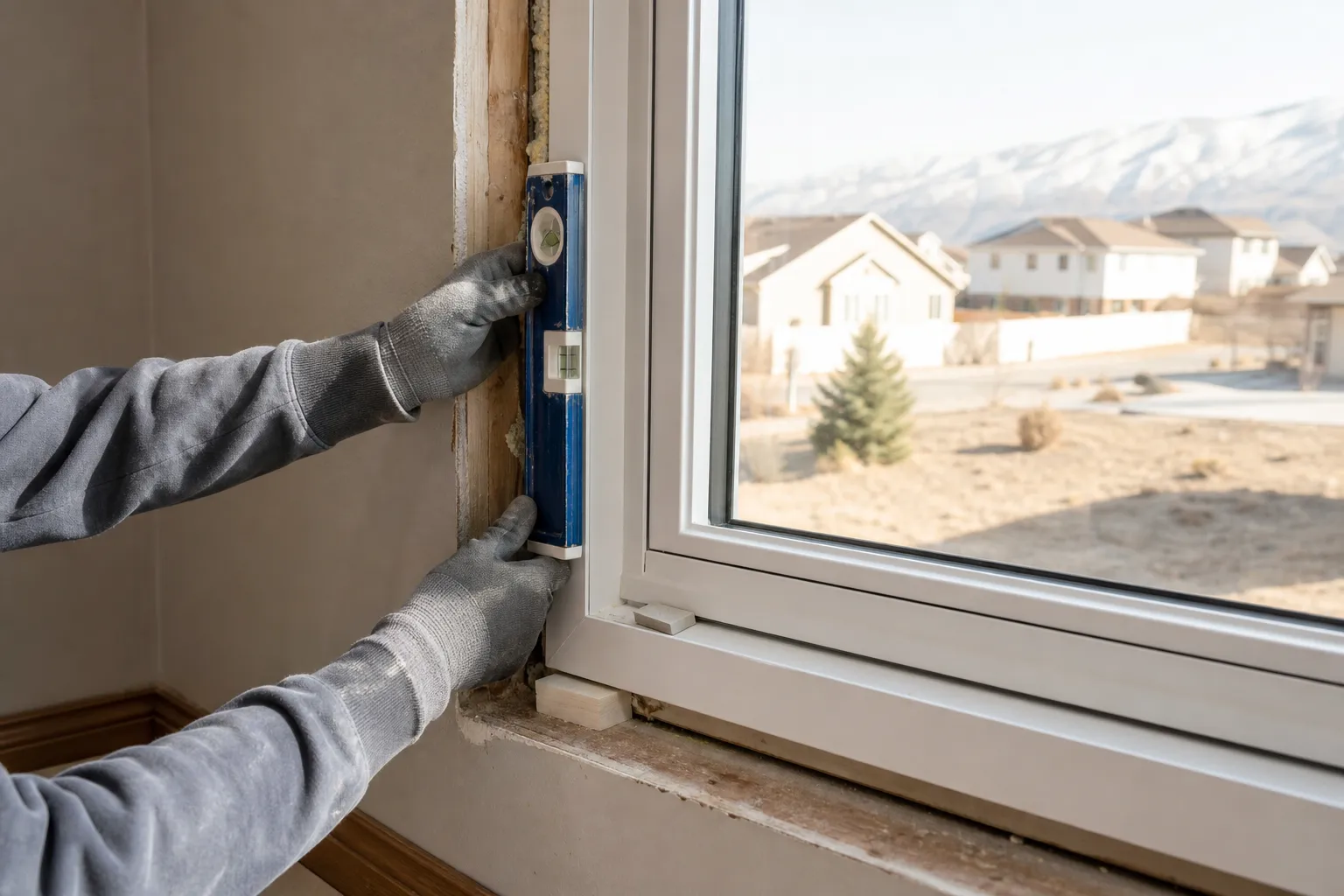 Installer checking a replacement window for level and square inside a Utah home
