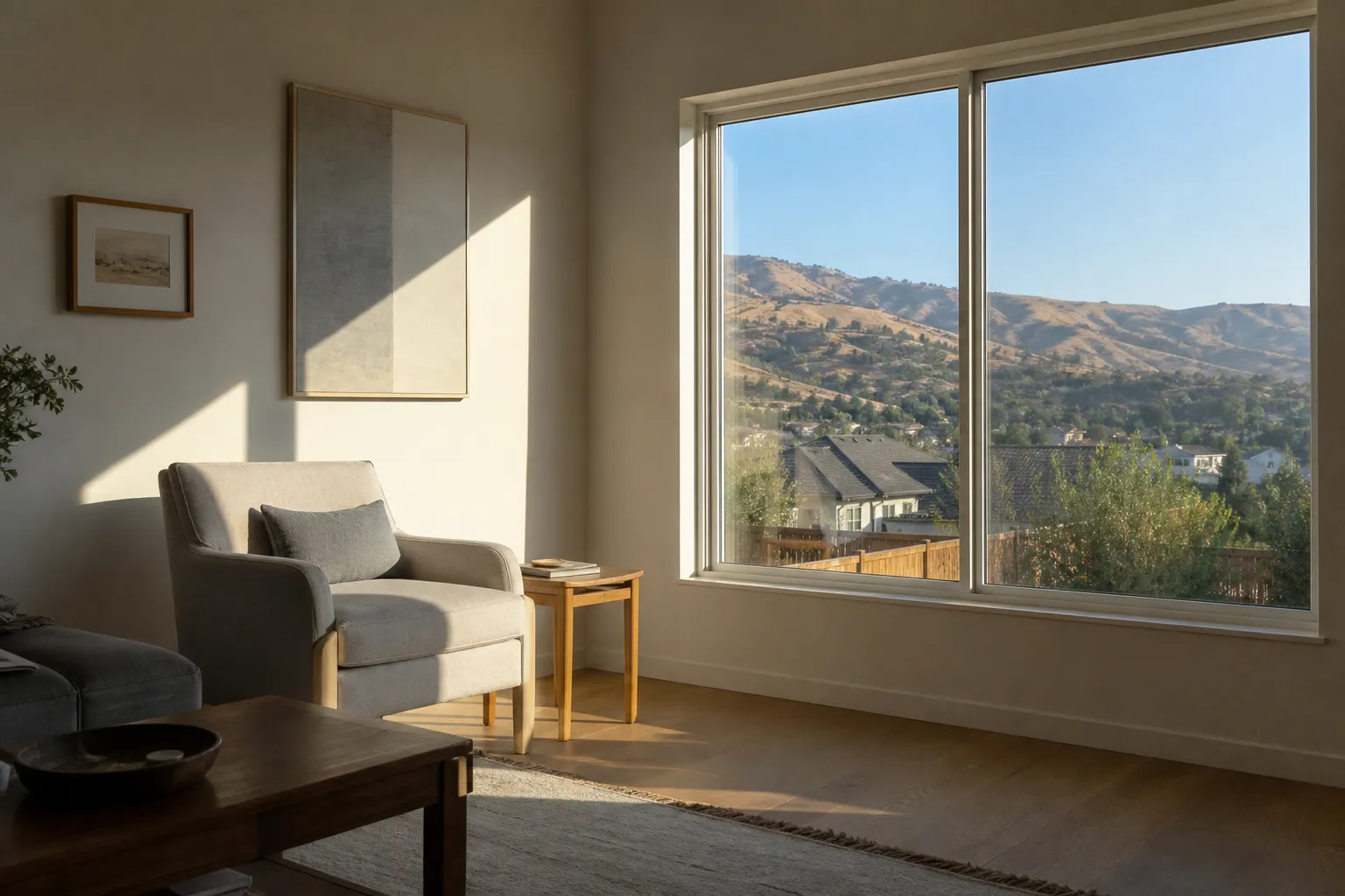 Afternoon sunlight entering a living room through a large west-facing window