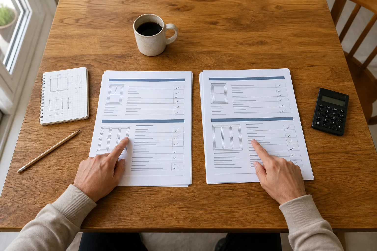 Homeowner comparing two replacement-window proposals side by side at a kitchen table