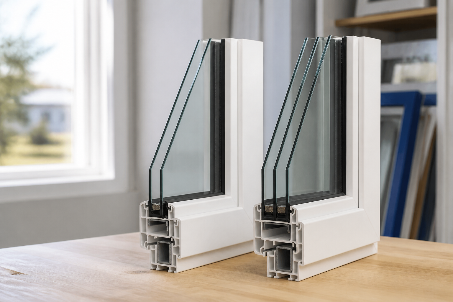Side-by-side cutaway samples showing the physical glass layers in double-pane and triple-pane vinyl windows.
