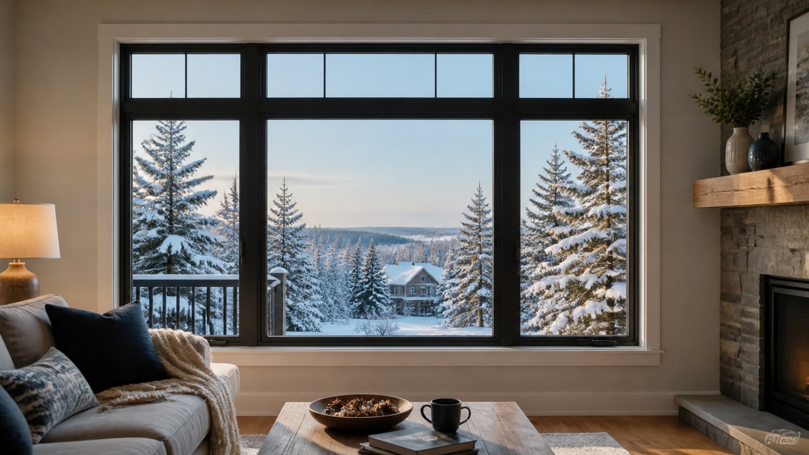 Warm living room looking through a professionally installed black-framed window toward a snowy northern landscape.