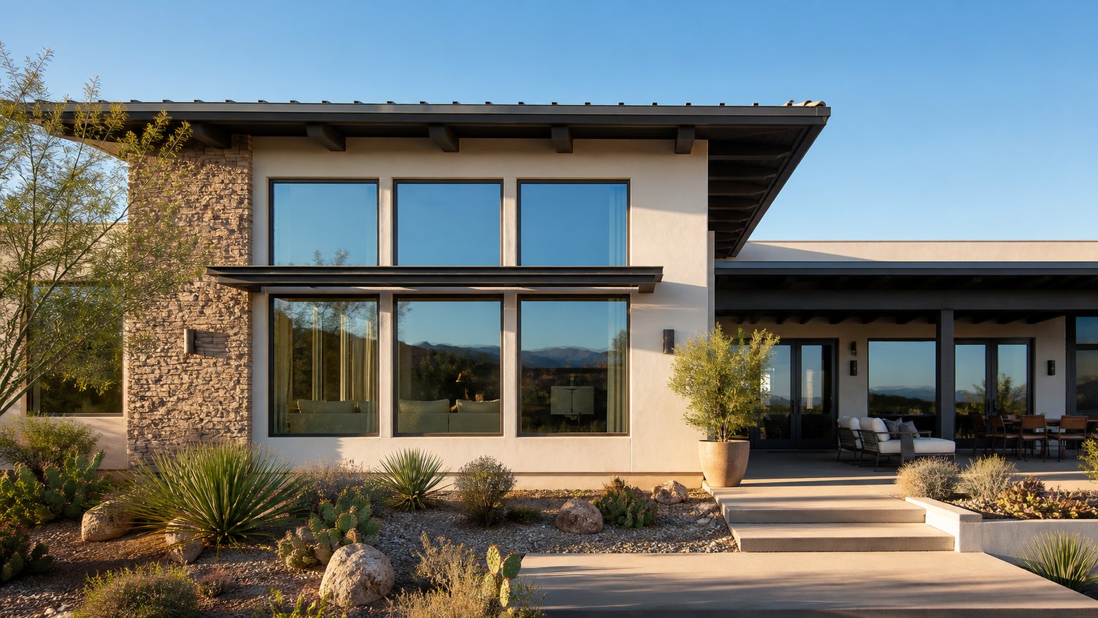 High-sun North American home with modern replacement windows, deep overhangs, and deliberate exterior shading.