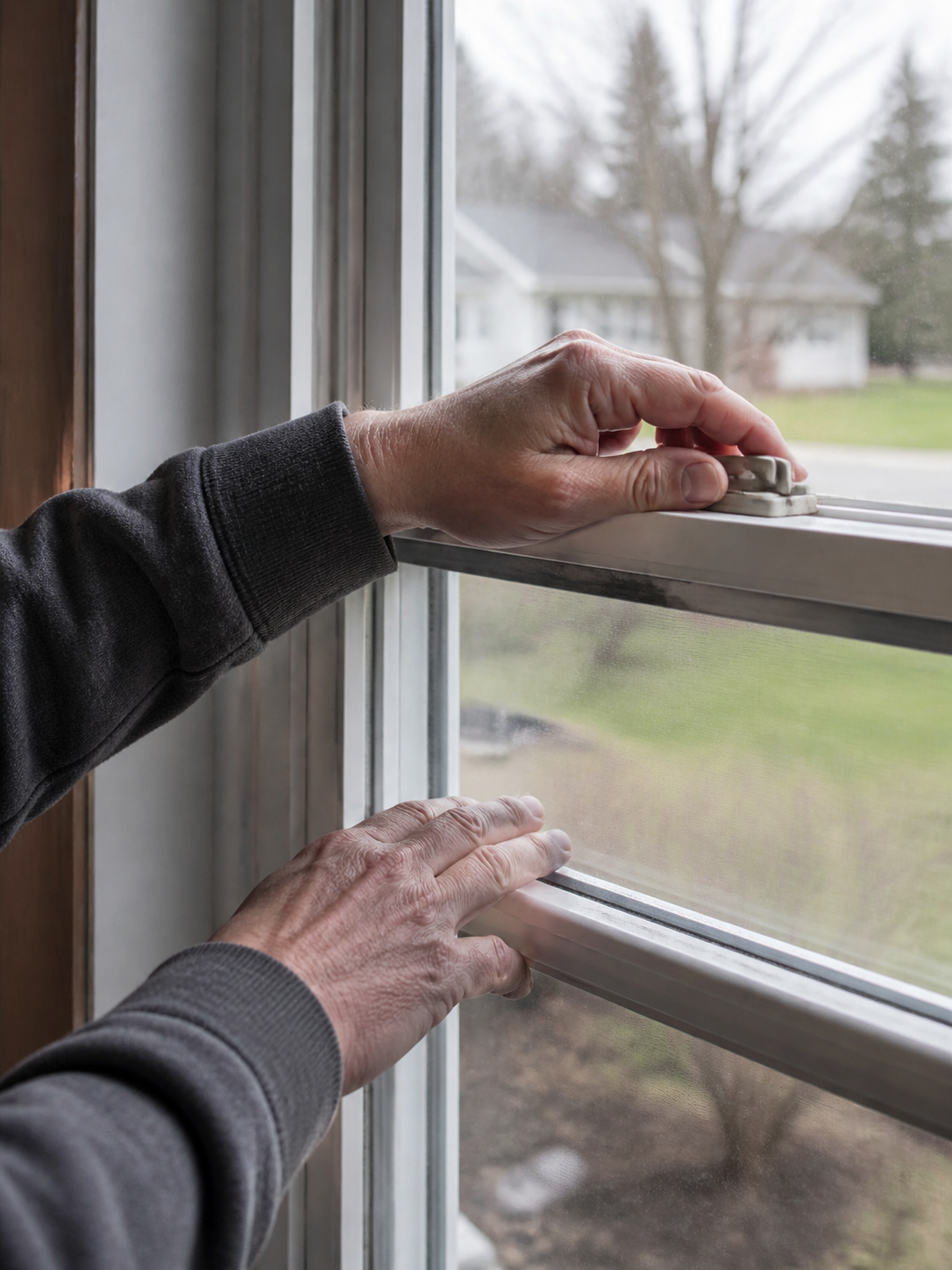 Homeowner checking the operation and condition of an existing window