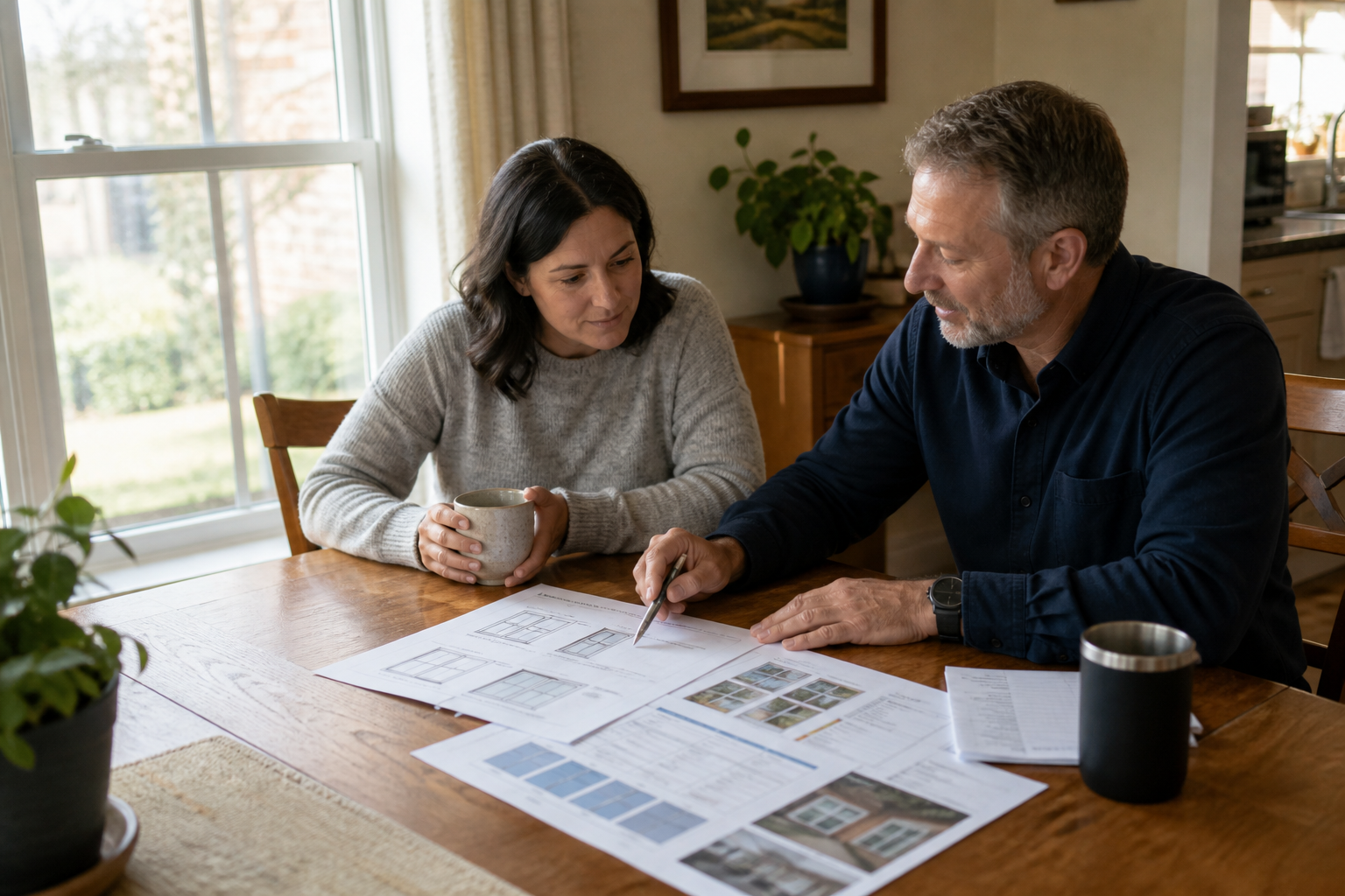 Homeowner comparing replacement-window proposals at a kitchen table