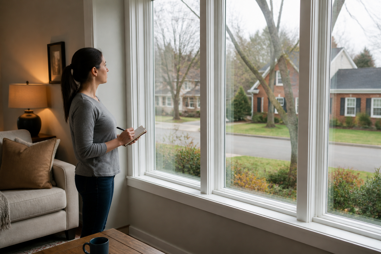 Homeowner observing residential windows and making notes before deciding what to replace