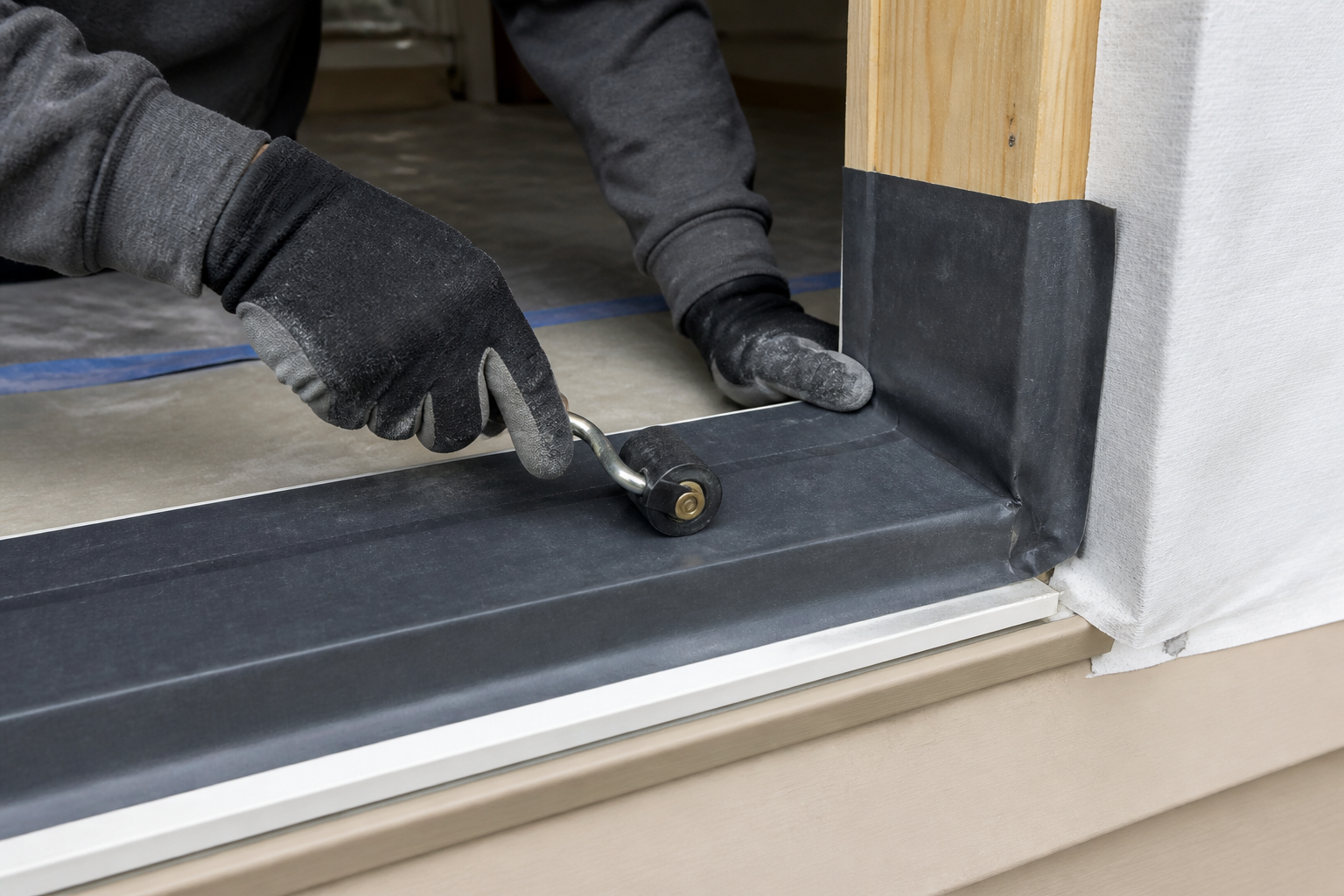 Craftsperson pressing flashing membrane into the sill corner of a window opening